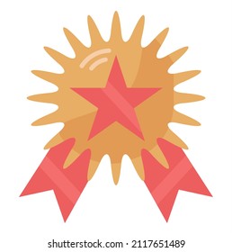 Bronze medal with ribbon, star. Bronze badge of the award. Premium quality symbol for third place. Military medallion. Shiny winners label. Flat isolated vector illustration on white background.