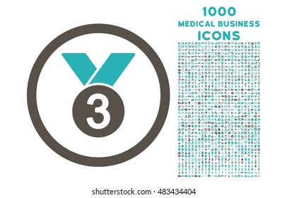 Bronze Medal rounded vector bicolor icon with 1000 medical business icons. Set style is flat pictograms, grey and cyan colors, white background.