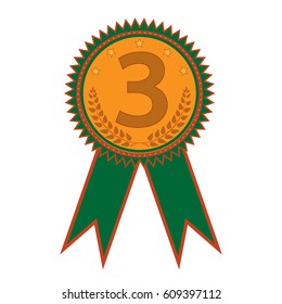 Bronze medal sign. Symbol of achievement. Color round medallion with two green ribbons isolated on white background. Achievement flat mark. Concept of award. Stock vector illustration
