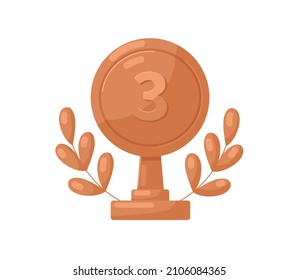 Bronze medal stand with number two 2 and laurel leaf branch. Award for second 2nd place. Metal reward. Realistic prize-winners trophy. Flat graphic vector illustration isolated on white background