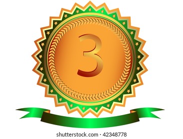 Bronze medal with stars and green ribbon (vector)