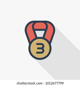 bronze medal thin line flat color icon. Linear vector illustration. Pictogram isolated on white background. Colorful long shadow design.