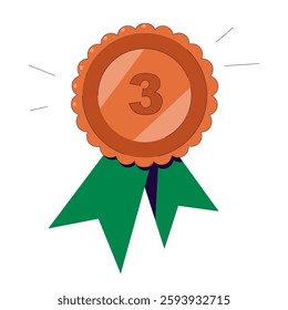 Bronze medal, third place award. 3rd prize-winners reward. Metal badge with number three 3 and ribbon mesh. Shiny medallion with loop. Realistic flat vector illustration isolated on white background