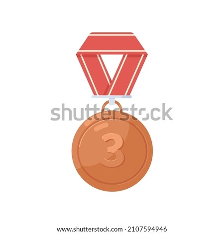 Bronze medal, third place award. 3rd prize-winners reward. Metal badge with number three 3 and ribbon mesh. Shiny medallion with loop. Realistic flat vector illustration isolated on white background