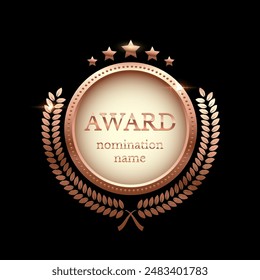 Medalla de bronce para el tercer puesto con corona de laurel, estrellas y texto Premio Nombre de la nominación. Ganador rango tres sobre fondo negro. Campeonato en Ilustración vectorial deportiva o cinematográfica.