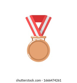 Bronze medal for third place in a sports competition. Victory. Red ribbon. Flat minimalistic design. Icon. Isolated cartoon illustration on white background.