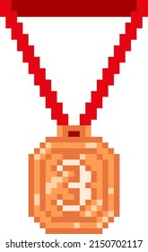 Bronze medal, third place trophy 8-bit graphics icon. Pixel art style. Game assets. Isolated vector illustration.