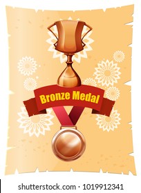 Bronze medal and trophy on poster illustration