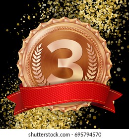 Bronze Medal Vector. 3rd Place Achievement. Winner, Champion, Number One. Olive Branch. Realistic Illustration.