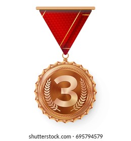 Bronze Medal Vector. Bronze, Copper 3rd Place. Ceremony Winner Honor Prize. Isolated On White. Olive Branch. Realistic Illustration.