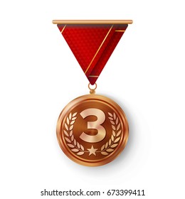 Bronze Medal Vector. Metal Realistic Third Placement Achievement. Round Medal With Red Ribbon, Relief Detail Of Laurel Wreath And Star. Competition Game Bronze Achievement. Winner Trophy Award