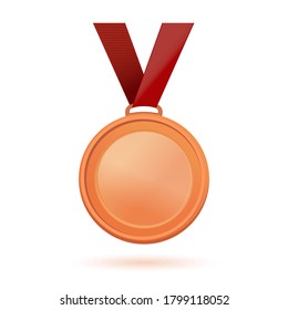 Bronze medal without inscriptions on a red ribbon. Bronze or copper medal with empty space for text. Vector illustration isolated on white