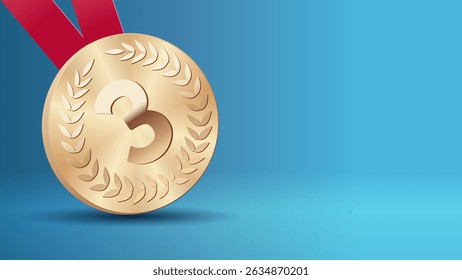 Bronze medals, background image for tournament winner. Vector bronze medal with red ribbons isolated on blue background. Third place in sports tournament, prize for victory