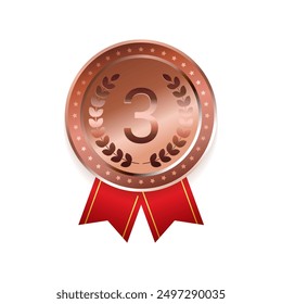 Bronze medals with red ribbons third place award isolated vector illustration. Bronze badge champion and winner awards sports medal.