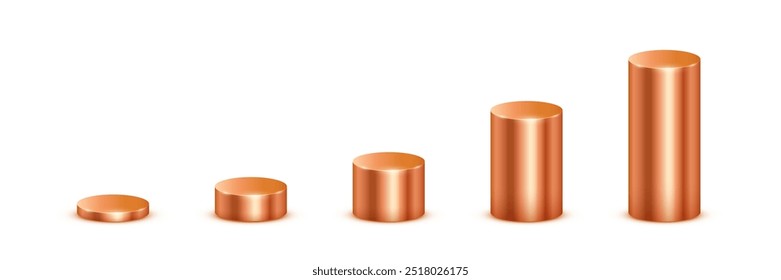 Juego de Ilustración vectorial de cilindros 3d de metal bronce. Podios de pedestal de cobre realistas de soporte de forma geométrica circular con perspectiva, plataforma circular en blanco o escenario para el producto, gráfico de diagrama.