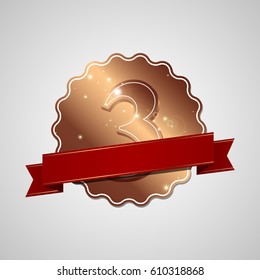 Bronze metal award medal on light background. Third place on contest. With red ribbon