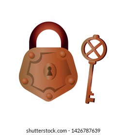Bronze metal color padlock with retro key, house equipment