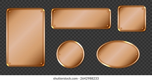Bronze metal nameplates with edges and screw details - rectangular, round and oval tag shapes on transparent background for business signage, door plaques and premium labeling design elements.