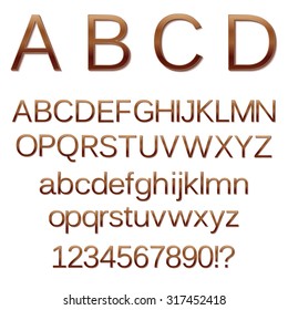 Bronze metallic letters and figures isolated on white background. Vector illustration.