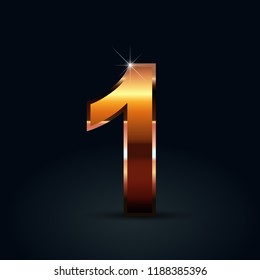 Bronze number 1. Bronze glossy vector font isolated on black background