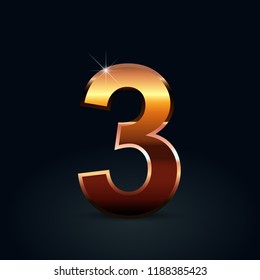 Bronze number 3. Bronze glossy vector font isolated on black background