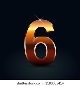 Bronze number 6. Bronze glossy vector font isolated on black background