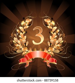 Bronze oak wreath with a red silk ribbon on a brown background.