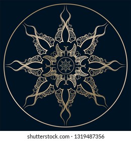 Bronze octagonal ornament inscribed in a circle. Vector illustration isolated on the dark background.