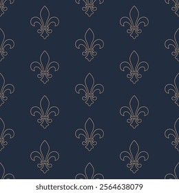 Bronze outline fleur de lys on indigo blue background. Vector seamless pattern. Best for textile, wallpapers, wrapping paper, package and web design.