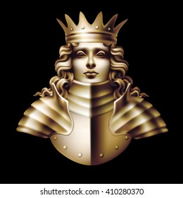 Bronze Queen head in armor on a black background / Tinting - on a separate layer, color and blending mode may be different