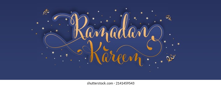 Bronze Ramadan Kareem Font With Confetti And Stars Decorated On Blue Background.