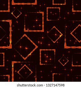 Bronze rhombuses and squares in intersection with gold stars on a dark background. Bright abstract pattern of geometric carved and fancy shapes.