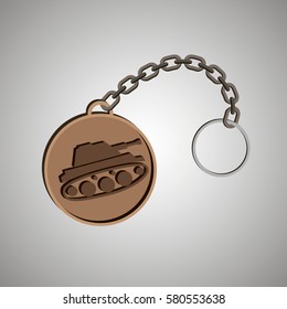 Bronze round keychain with a ring for a key with the emblem of the tank vector illustration 