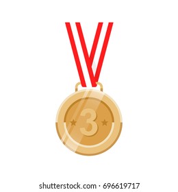 Bronze round medal for third place with red ribbon vector flat icon.