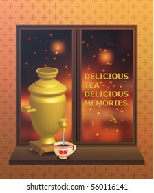 Bronze samovar standing on the window with a cup. Wooden window with sill. Outside the night and it is snowing. Blurred background with a beautiful text.