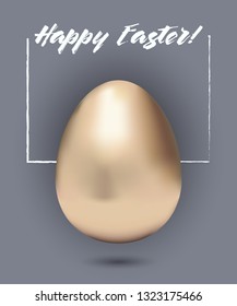 Bronze shiny easter egg on blue gray background with happy easter greeting
