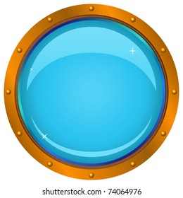 Bronze ship window - porthole with a blue background, isolated on the white