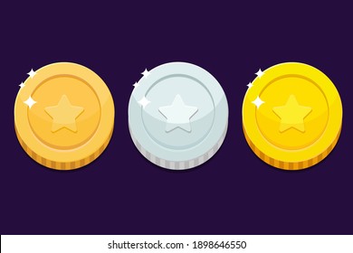 Bronze, silver, gold coins with stars. Game flat icons.