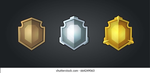 Bronze, prata, escudos dourados. Conjunto de ícones de desenhos animados para a interface de usuário de jogos de computador.