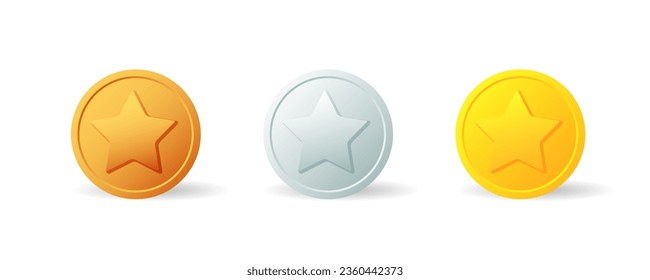 Bronze Silver Gold star coin icon set. Clipart image isolated on white background