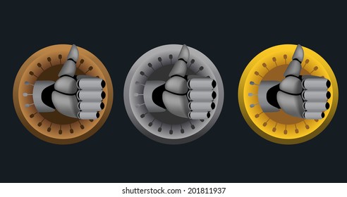 Bronze, silver, gold, vector cyborg thumb up rating icons on black background