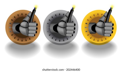 Bronze, silver, gold, vector rating icons on white background with cyborg hand holding cable