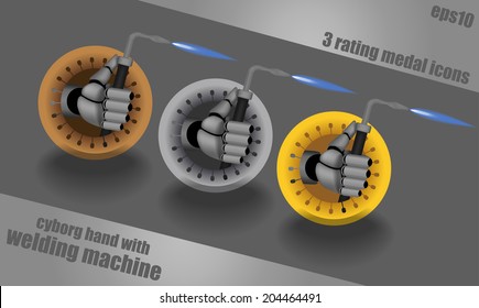 Bronze, silver, gold, vector rating dropping shadows icons on steel background with cyborg hand holding welding machine