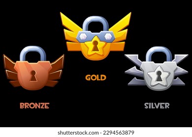 Bronze, silver and golden padlock. level symbol. Award game icons