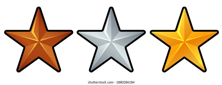 Bronze, silver and golden star icons. Symbols for showing rank or rating of sports participant, player or military service. Shiny metal set of three objects. For decoration and award for competition.
