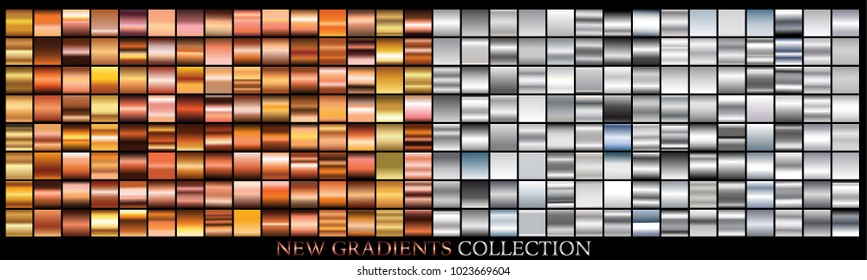 Bronze silver gradient set background vector icon texture metallic illustration for frame, ribbon, banner, coin and label. Realistic abstract golden design seamless pattern. Shine light template