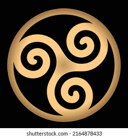 Bronze spiritual symbol, Circle of Life, Celtic Trinity, Triskelion, Holy Trinity isolated on black background. Triquetra, trefoil knot, symbol of Eternity.