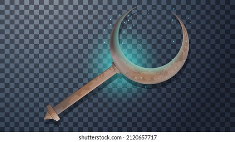 
Bronze staff of Khonsu on a transparent background. Attribute of the moon god from Egyptian mythology. Myths of ancient Egypt. Game, comics, cartoon style. 3d realistic vector.