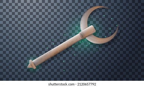 
Bronze staff of Khonsu on a transparent background. Attribute of the moon god from Egyptian mythology. Myths of ancient Egypt. Game, comics, cartoon style. 3d realistic vector.