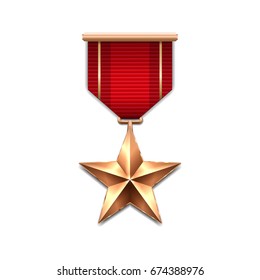 Bronze Star Medal With Red Ribbon. Metallic Winner Award. Vector Illustration.